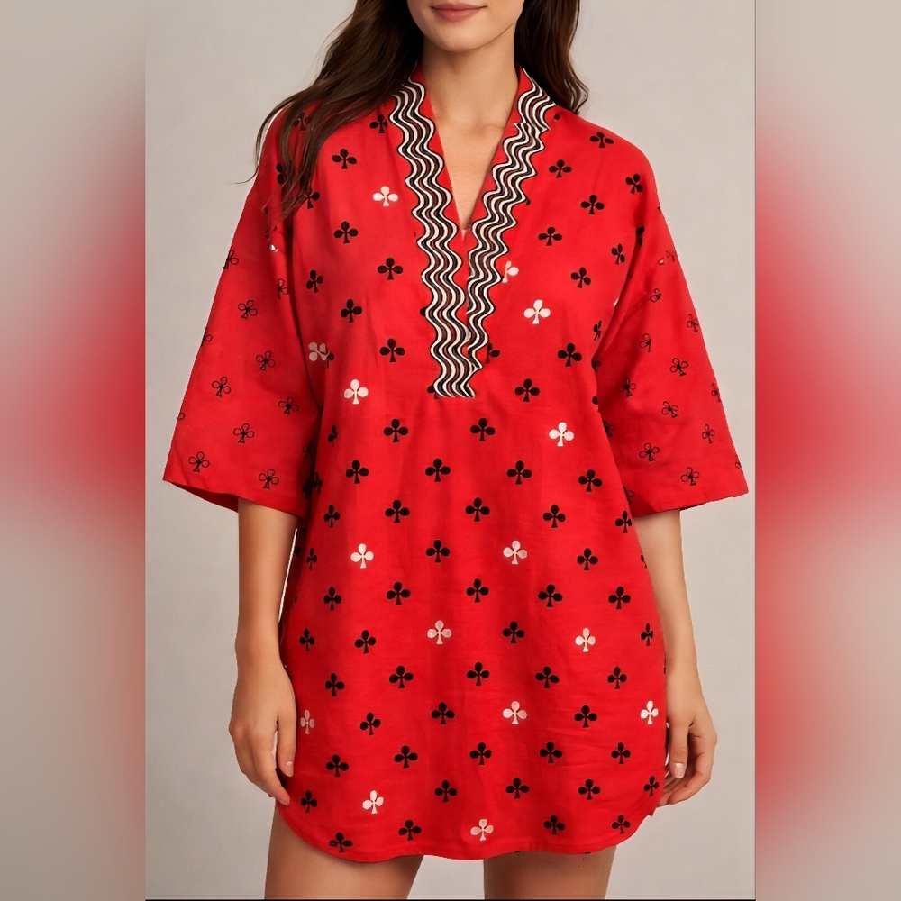 ORANGE Tunic Dress Black White CLUBS Pattern Sz 10 Statement‎ Piece Linen Cotton